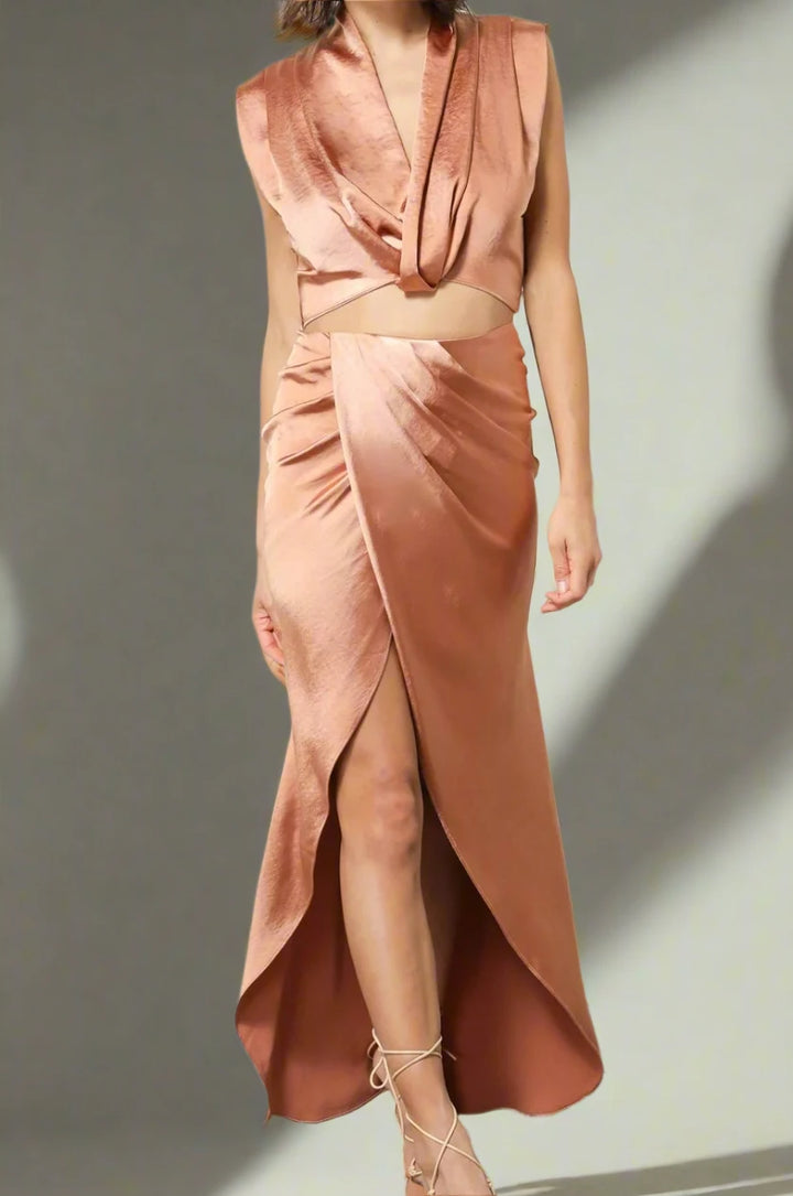 Two piece dress- tan/brown dress no sleeves long bottom - Marian Style Boutique
