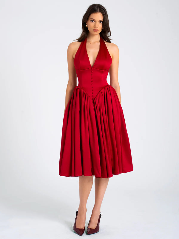 Marian Style Red Plunging Halter Backless Maxi Dress - Marian Style Boutique