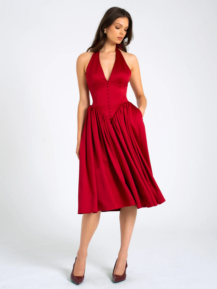 Marian Style Red Plunging Halter Backless Maxi Dress - Marian Style Boutique