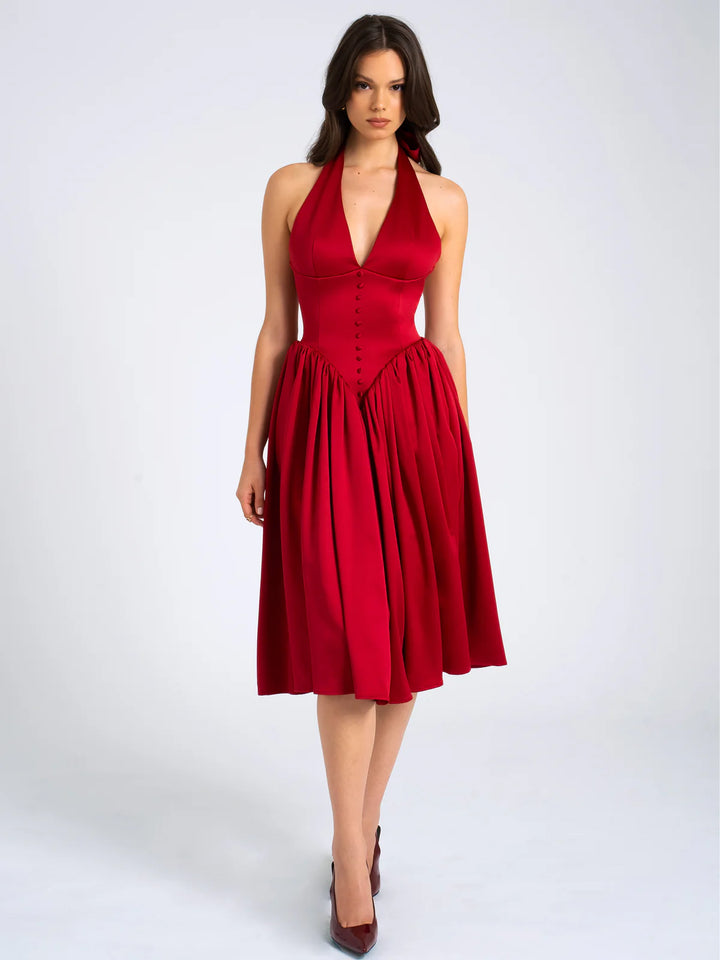 Marian Style Red Plunging Halter Backless Maxi Dress - Marian Style Boutique