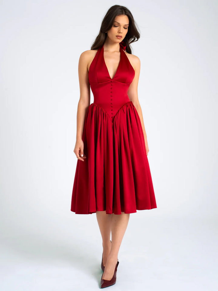Marian Style Red Plunging Halter Backless Maxi Dress - Marian Style Boutique