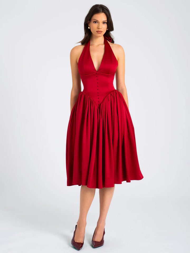 Marian Style Red Plunging Halter Backless Maxi Dress - Marian Style Boutique