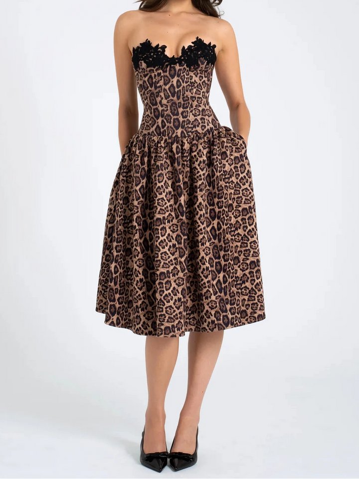 Marian Style Print Stretchy Strapless Midi Dress with lace trim - Marian Style Boutique