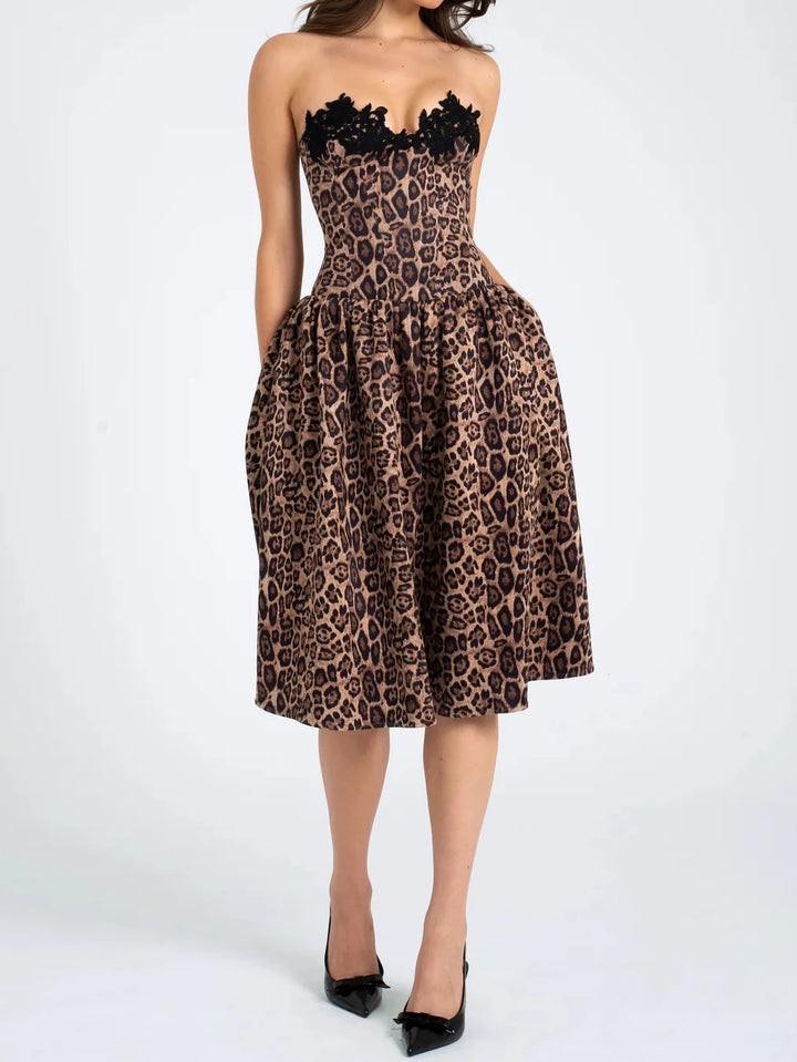 Marian Style Print Stretchy Strapless Midi Dress with lace trim - Marian Style Boutique