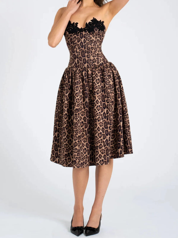 Marian Style Print Stretchy Strapless Midi Dress with lace trim - Marian Style Boutique