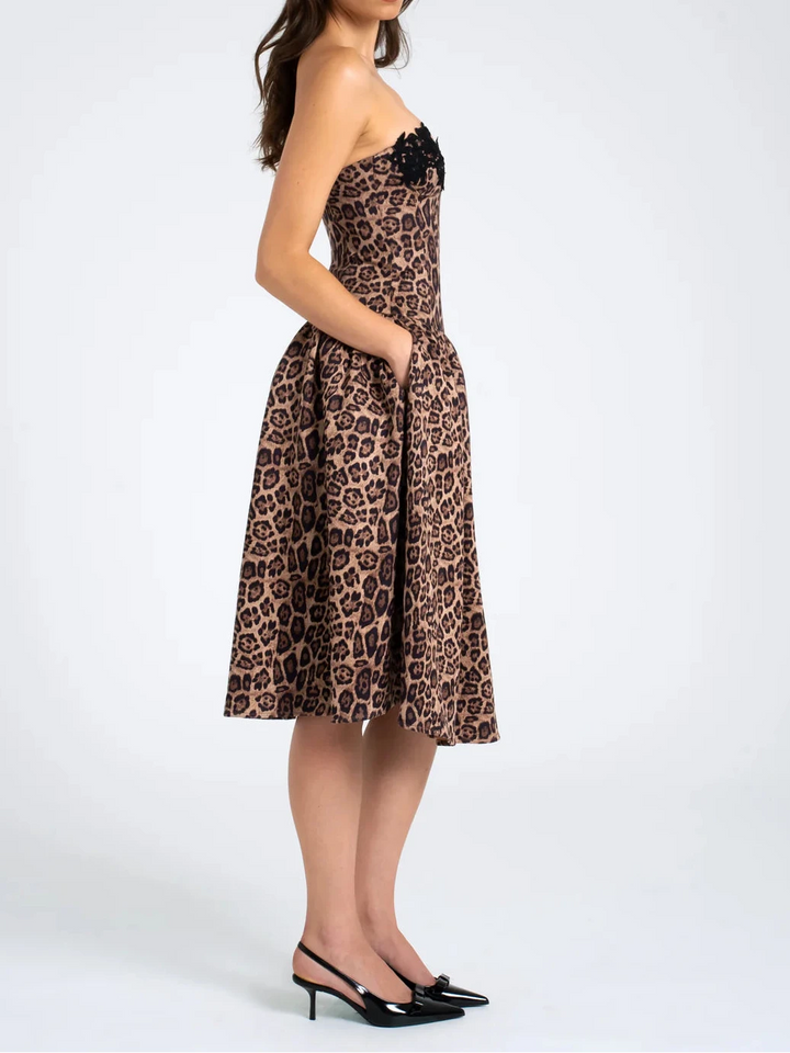 Marian Style Print Stretchy Strapless Midi Dress with lace trim - Marian Style Boutique