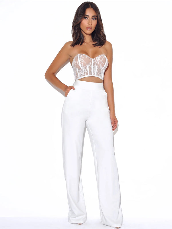 Marian Style White Stretch Crepe Wide Leg Trousers - Marian Style Boutique