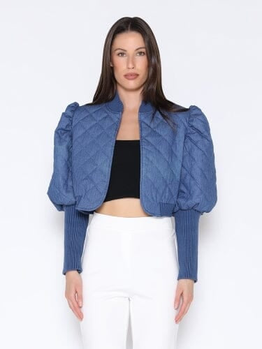 Marian Style Denim Puff Jacket with Ribbed Sleeve - Marian Style Boutique