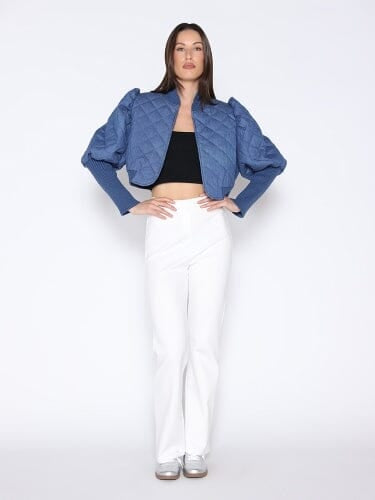 Marian Style Denim Puff Jacket with Ribbed Sleeve - Marian Style Boutique