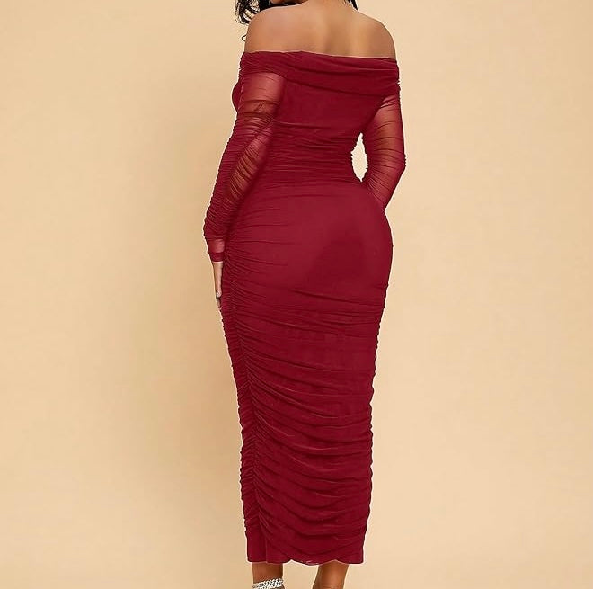 Marian Style Long Dress Red Off Shoulder Long Sleeve Dress with Pleated Design - Marian Style Boutique