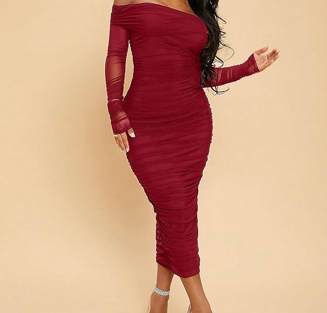 Marian Style Long Dress Red Off Shoulder Long Sleeve Dress with Pleated Design - Marian Style Boutique