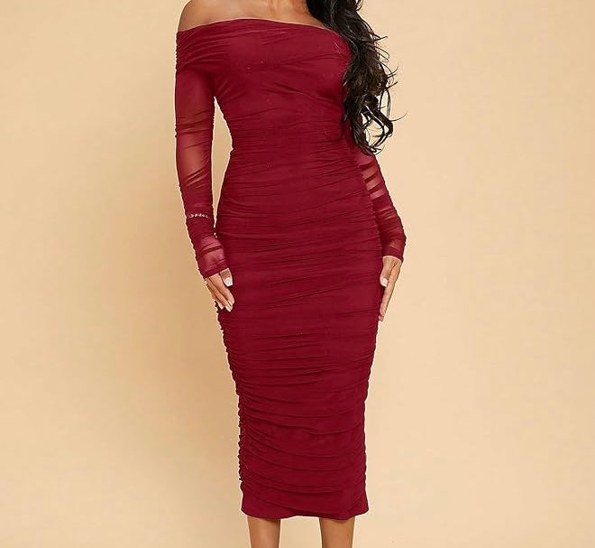Marian Style Long Dress Red Off Shoulder Long Sleeve Dress with Pleated Design - Marian Style Boutique
