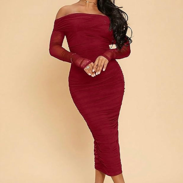 Marian Style Long Dress Red Off Shoulder Long Sleeve Dress with Pleated Design - Marian Style Boutique