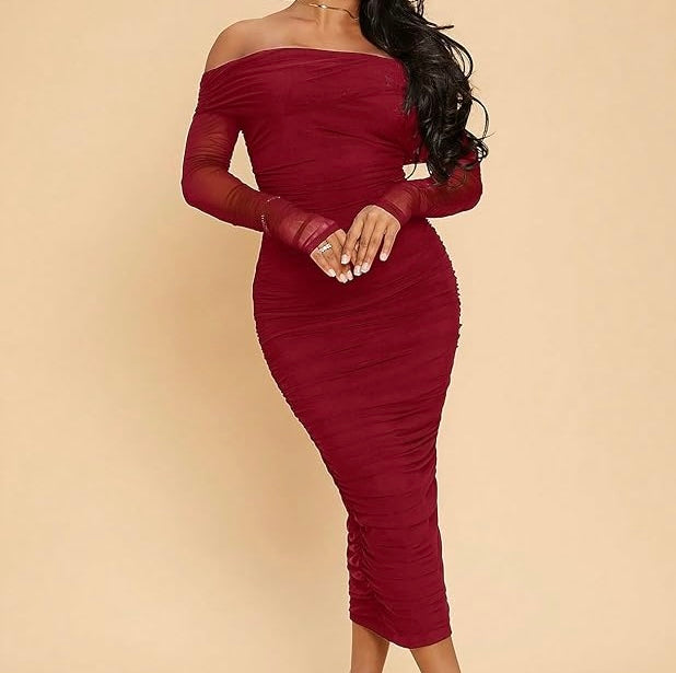 Marian Style Long Dress Red Off Shoulder Long Sleeve Dress with Pleated Design - Marian Style Boutique