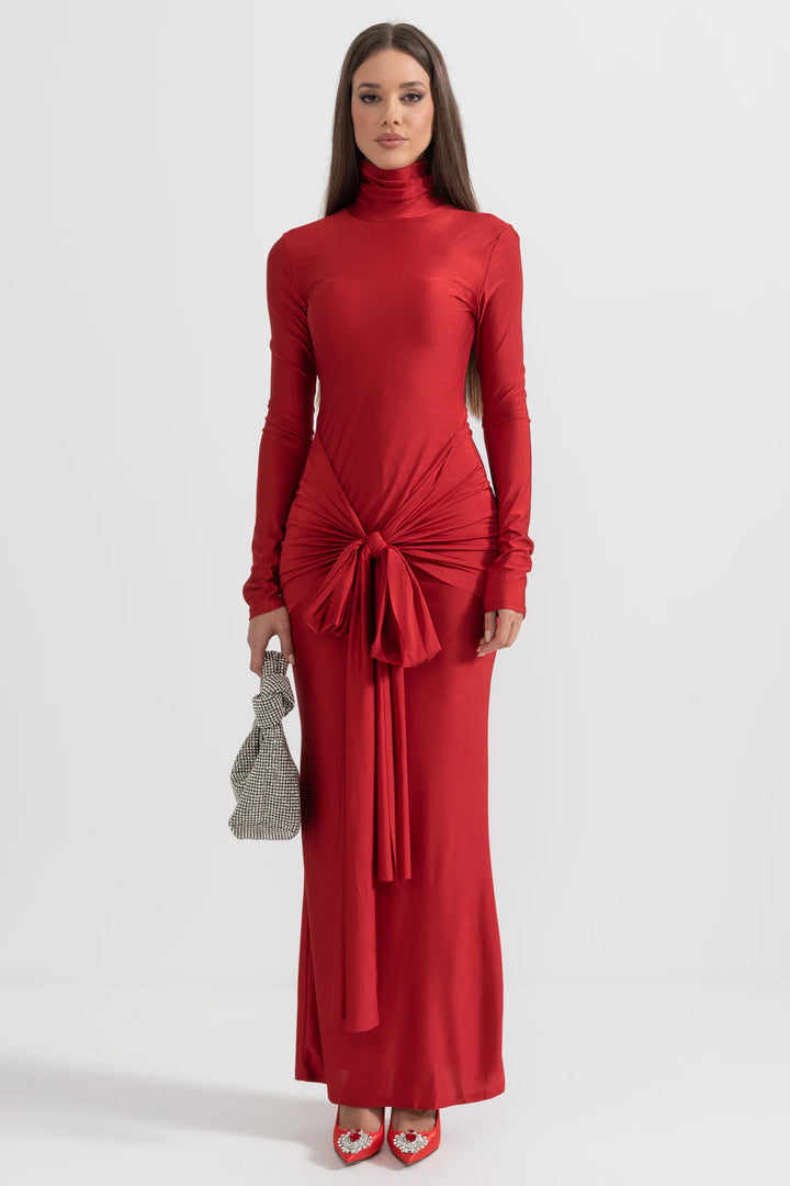 Marian Style LONG HIGH NECK DRESS - RED - Marian Style Boutique