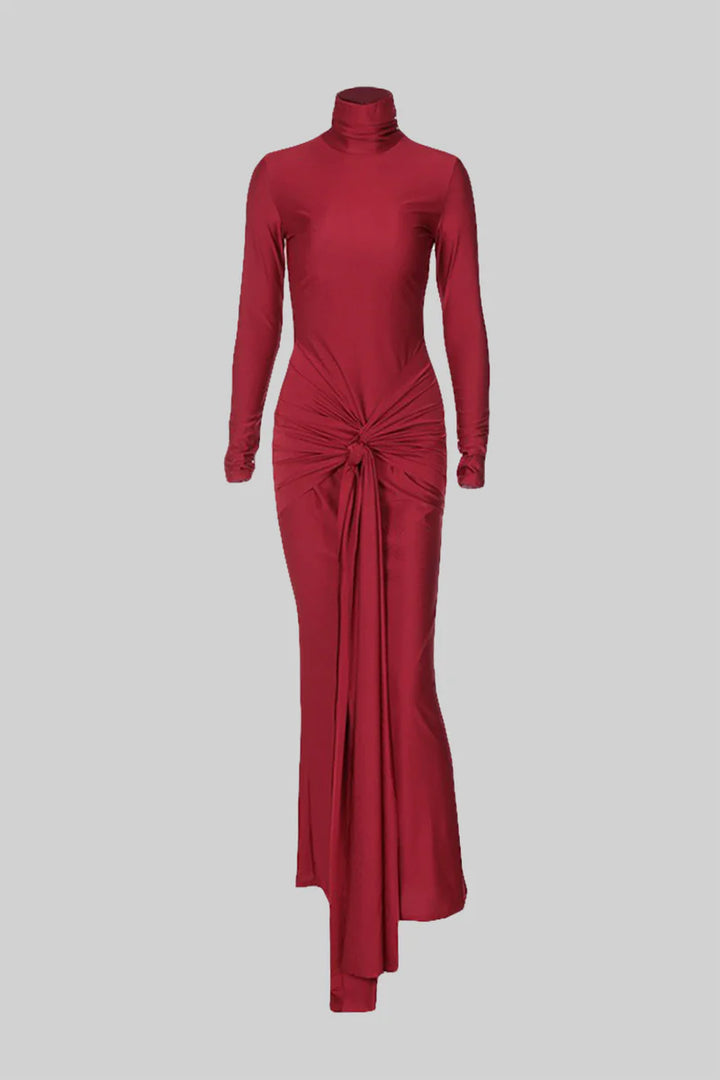 Marian Style LONG HIGH NECK DRESS - RED - Marian Style Boutique
