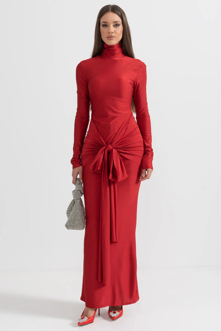Marian Style LONG HIGH NECK DRESS - RED - Marian Style Boutique