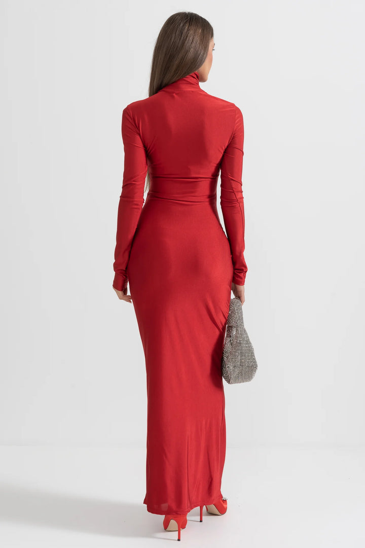 Marian Style LONG HIGH NECK DRESS - RED - Marian Style Boutique