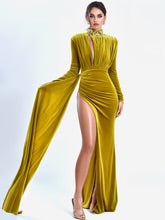 MARIAN STYLE GOLD CUTOUT HIGH SLIT VELVET GOWN