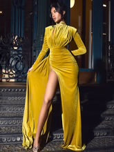 MARIAN STYLE GOLD CUTOUT HIGH SLIT VELVET GOWN