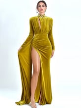 MARIAN STYLE GOLD CUTOUT HIGH SLIT VELVET GOWN