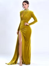 MARIAN STYLE GOLD CUTOUT HIGH SLIT VELVET GOWN