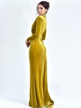 MARIAN STYLE GOLD CUTOUT HIGH SLIT VELVET GOWN