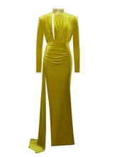 MARIAN STYLE GOLD CUTOUT HIGH SLIT VELVET GOWN