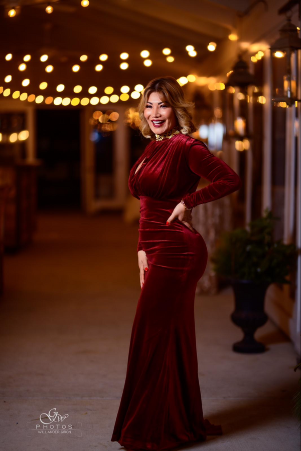 Marian Style Burgundy Cutout High Slit Velvet Gown - Marian Style Boutique
