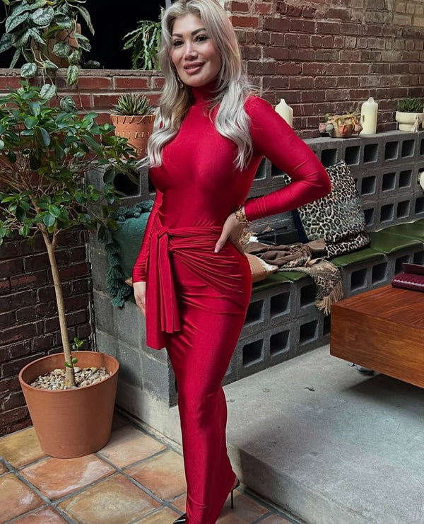 Marian Style LONG HIGH NECK DRESS - RED - Marian Style Boutique