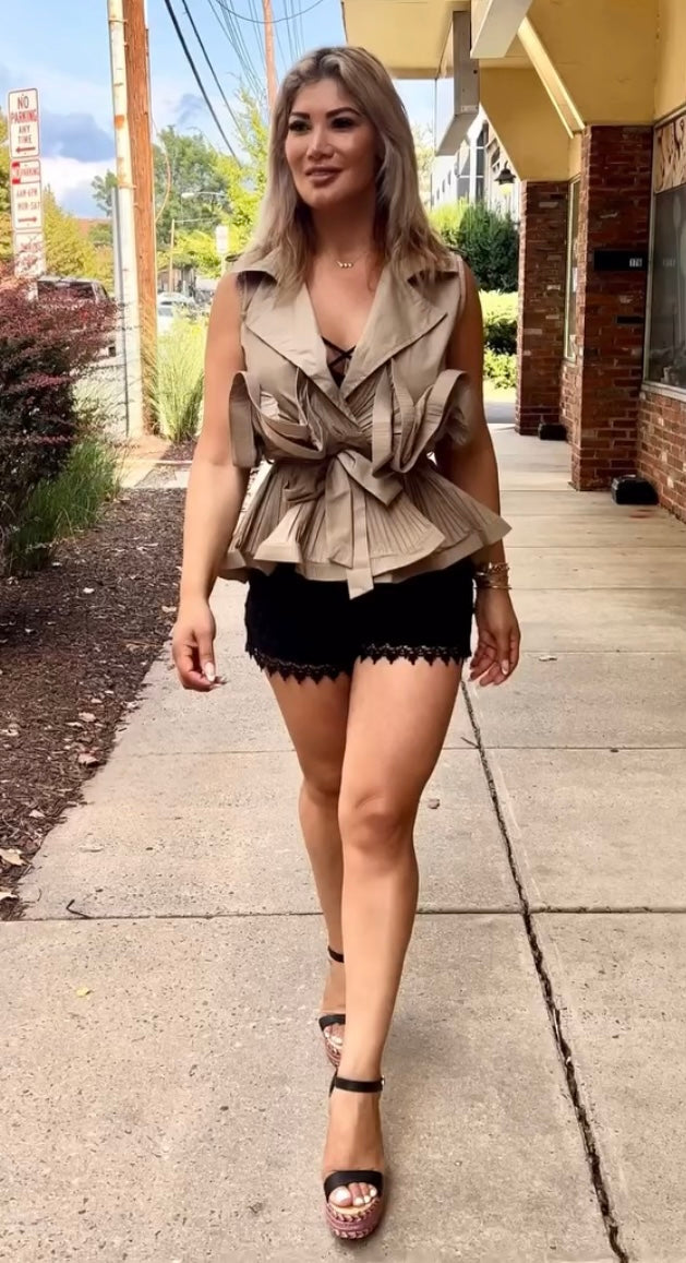 Marian Style Khaki V-Neck Sleeveless Lace-Up Shirt - Marian Style Boutique