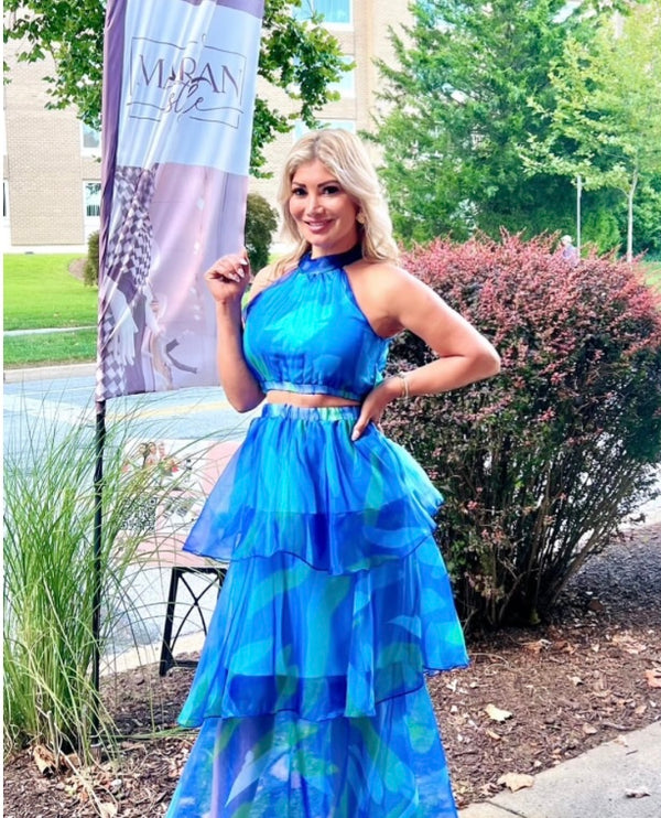 Elegant Gradual Change Print Mesh Halter Sleeveless Two Pieces - Marian Style Boutique