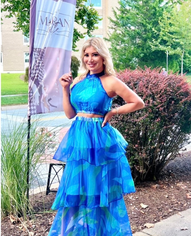 Elegant Gradual Change Print Mesh Halter Sleeveless Two Pieces - Marian Style Boutique