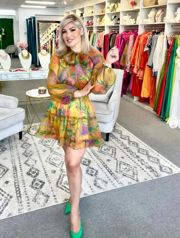 Dresses - Floral Organza Ribbon Tie Tiered Mini Dress - Marian Style Boutique