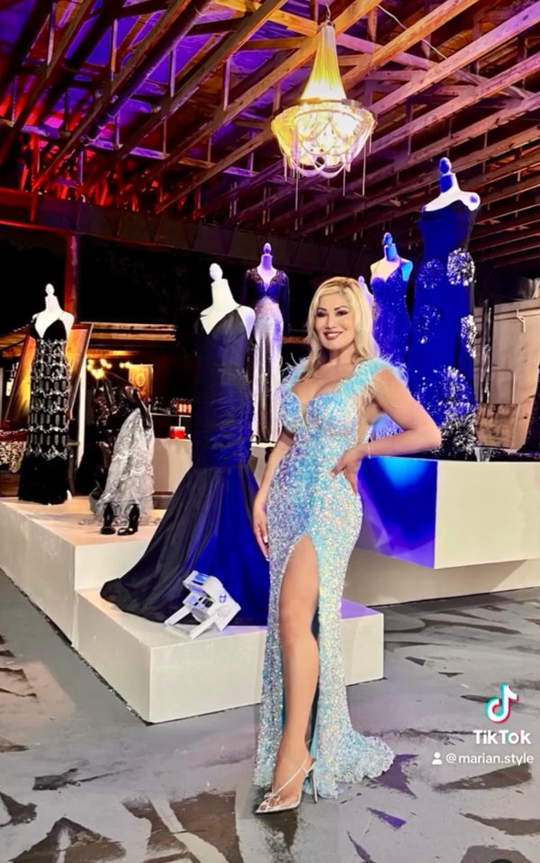 MARIAN STYLE FEATHERED IRIDESCENT SEQUIN GOWN - Marian Style Boutique
