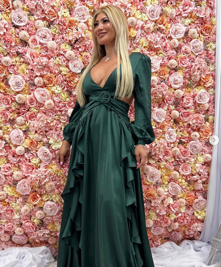 Cut out front Ruffle slit detail maxi dress hunter green - Marian Style Boutique