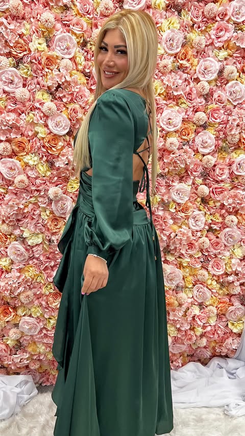 Cut out front Ruffle slit detail maxi dress hunter green - Marian Style Boutique