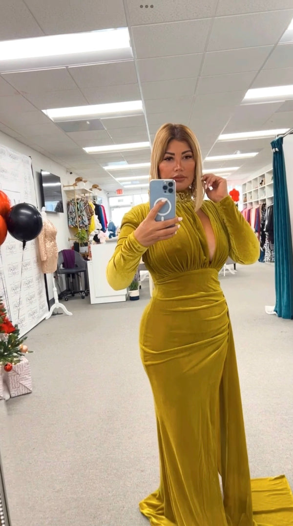 MARIAN STYLE GOLD CUTOUT HIGH SLIT VELVET GOWN - Marian Style Boutique