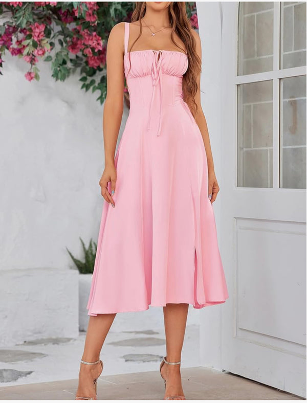 Marian Style Solid Color Midi Corset Dress Boho Flowing Slit Lace-Up Dress