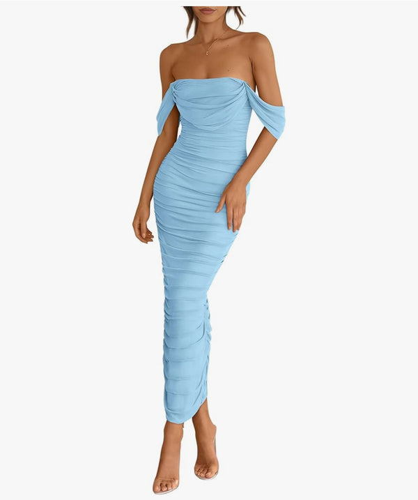Marian Style-2025 Summer Off The Shoulder Dress Bodycon Sleeveless Split Cocktail Party Maxi Dresses