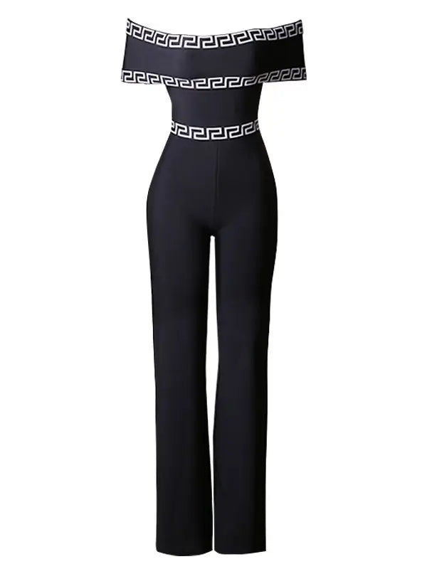 Marian Style Elegant One-Shoulder Print-Trim Jumpsuit - Marian Style Boutique