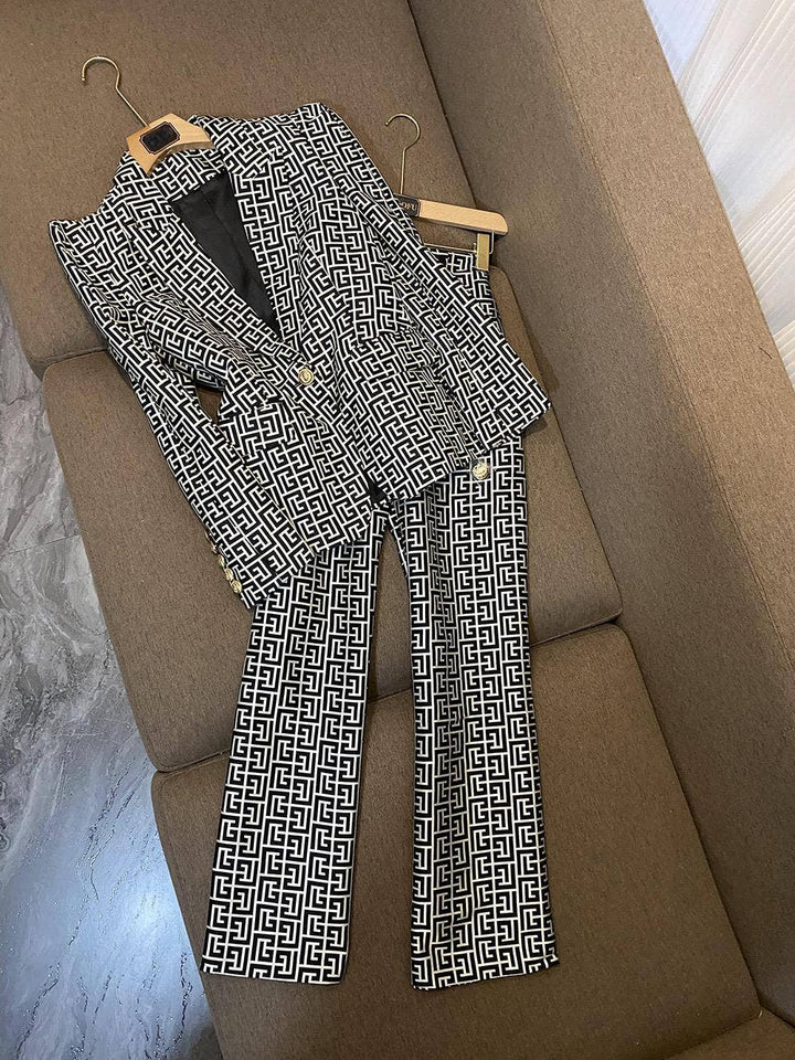 Marian Style Chic Shrug Geometric Jacquard Blazer & Pants Set - Marian Style Boutique