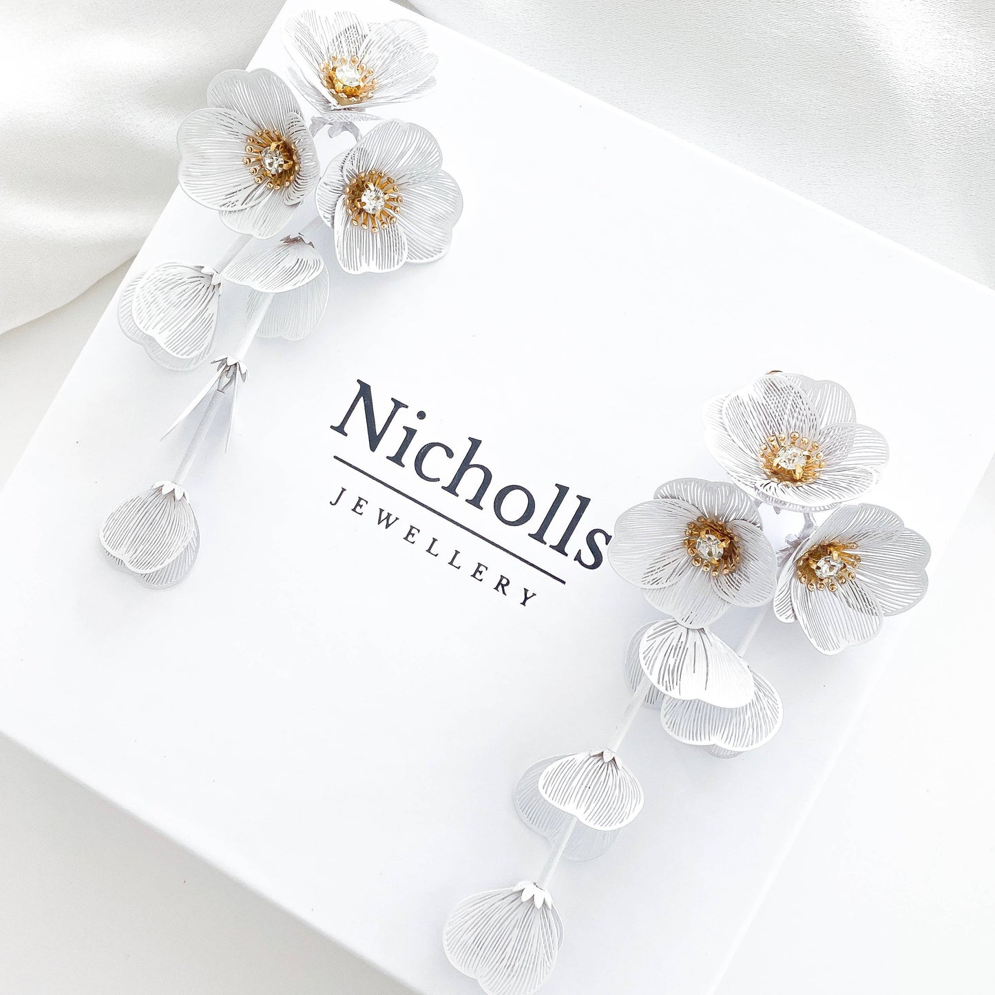 Waterfall Statement White Flower Earrings