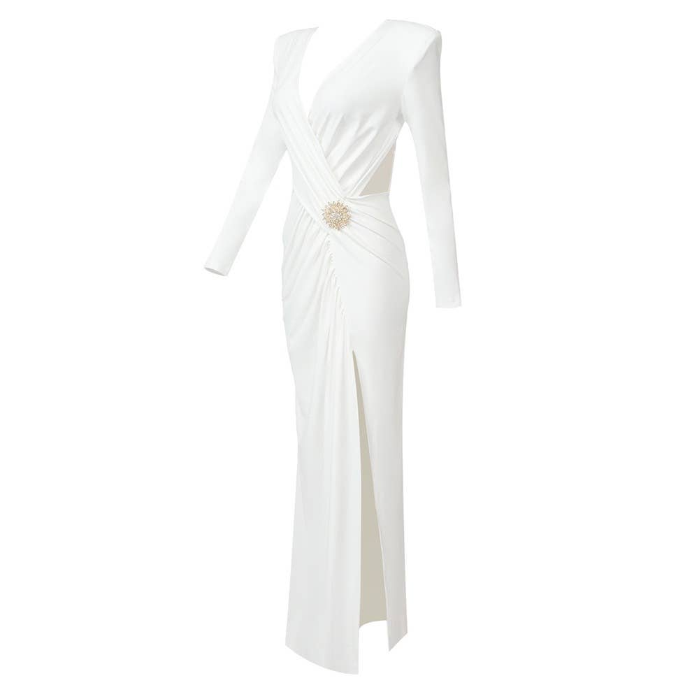 Marian Style Elegant White Maxi Dress with Metal Accents