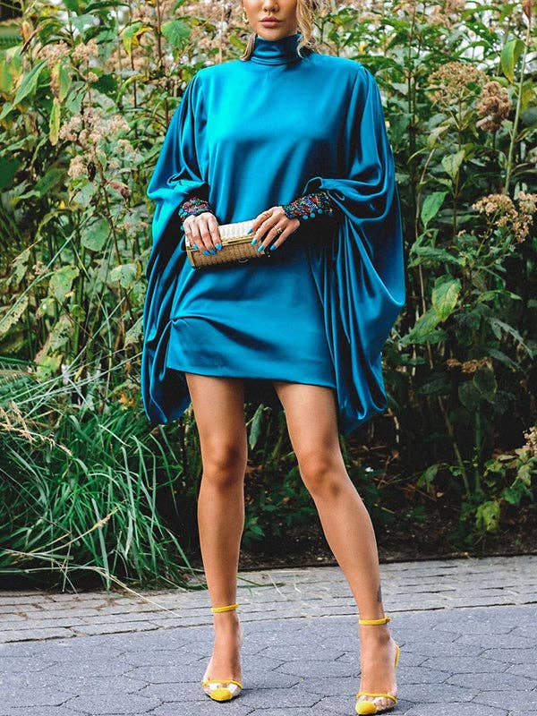 Loose Batwing Sleeve Button-Up Mini Dress for a Night Out - Marian Style Boutique