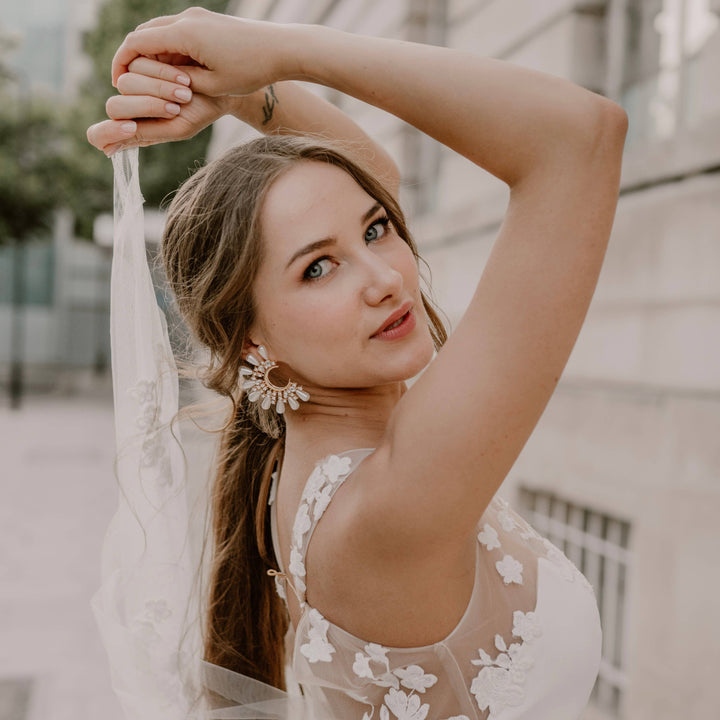 Supernova Half Moon Crystal Pearl Statement earrings - Marian Style Boutique