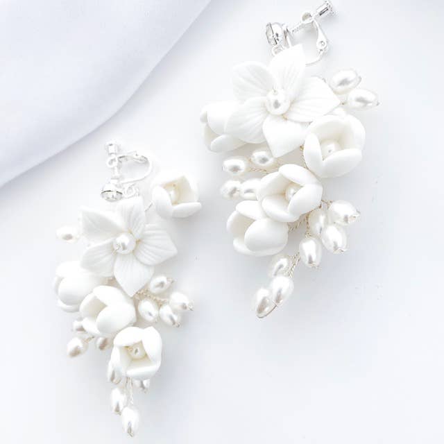 Porcelain Flower and Pearl Spray Drop Earrings - Marian Style Boutique