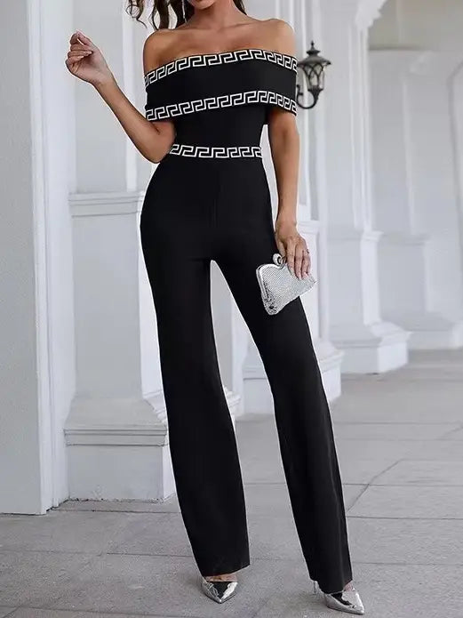 Marian Style Elegant One-Shoulder Print-Trim Jumpsuit