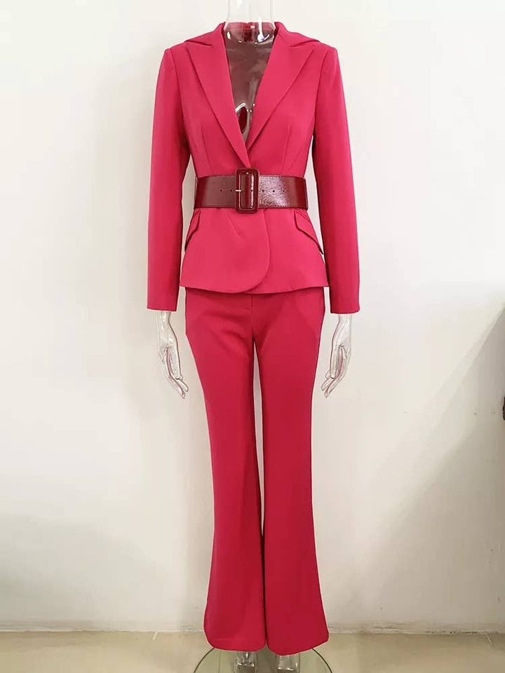 Marian Style Elegant Belted Suit & Bootcut Trousers Set - Marian Style Boutique