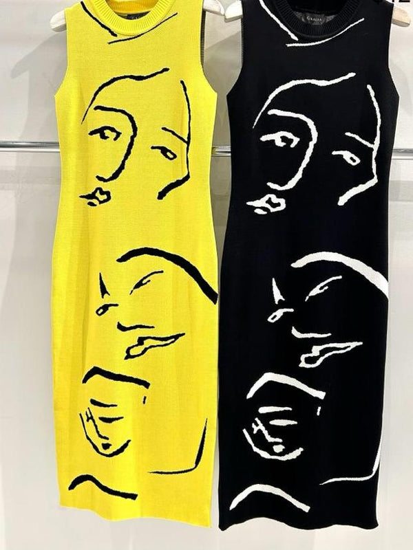 Dresses - Face-Line Print H-Line Knit Dress - Marian Style Boutique